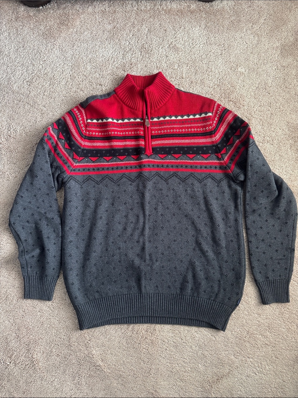Chaps Men's Red & Charcoal Zip-Up Fair Isle Sweater